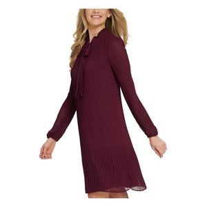 DKNY Womens Burgundy Pleated Long Sleeve Tie Neck Above The Knee Shift Dress US6